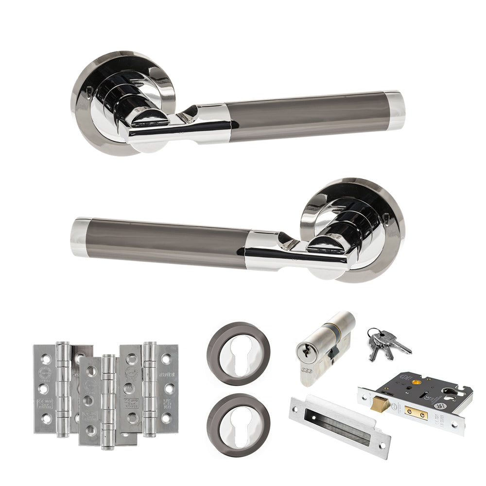Quality image of STATUS Dakota Door Handle Pack (Euro Lock Set - 2.5" CE Sashlock, 3" Fire Rated Hinges x3) - Black Nickel/Polished Chrome | Sku. adps36rbnpc20 | available from Trade Door Handles.