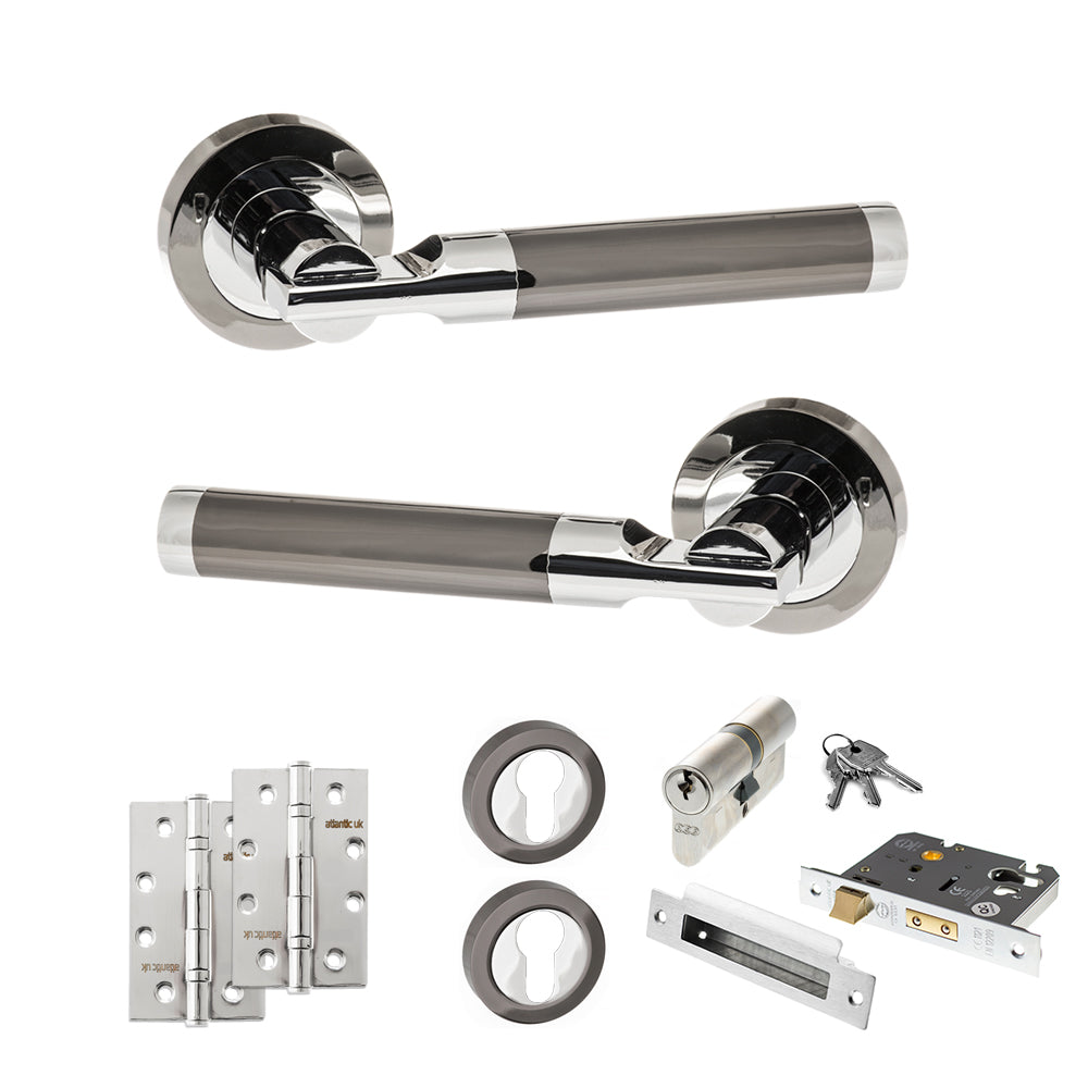 Quality image of STATUS Dakota Door Handle Pack (Euro Lock Set - 2.5" CE Sashlock, 4" Slim Knuckle Hinges x2) - Black Nickel/Polished Chrome | Sku. adps36rbnpc24 | available from Trade Door Handles.