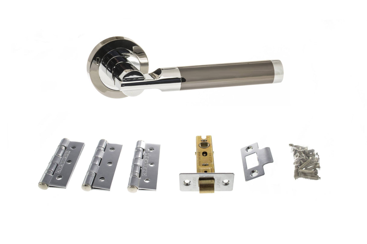 Quality image of STATUS Dakota Door Handle Pack (Latch Set - 2.5" CE Latch, 3" Fire Rated Hinges x3) - Black Nickel/Polished Chrome | Sku. adps36rbnpc1 | available from Trade Door Handles.