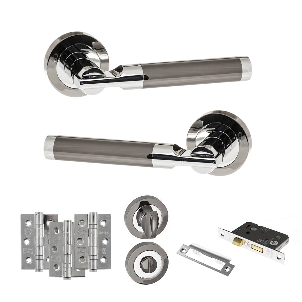 Quality image of STATUS Dakota Door Handle Pack (Bathroom Set - 2.5" CE Bathroom Lock, 3" Fire Rated Hinges x3) - Black Nickel/Polished Chrome | Sku. adps36rbnpc8 | available from Trade Door Handles.