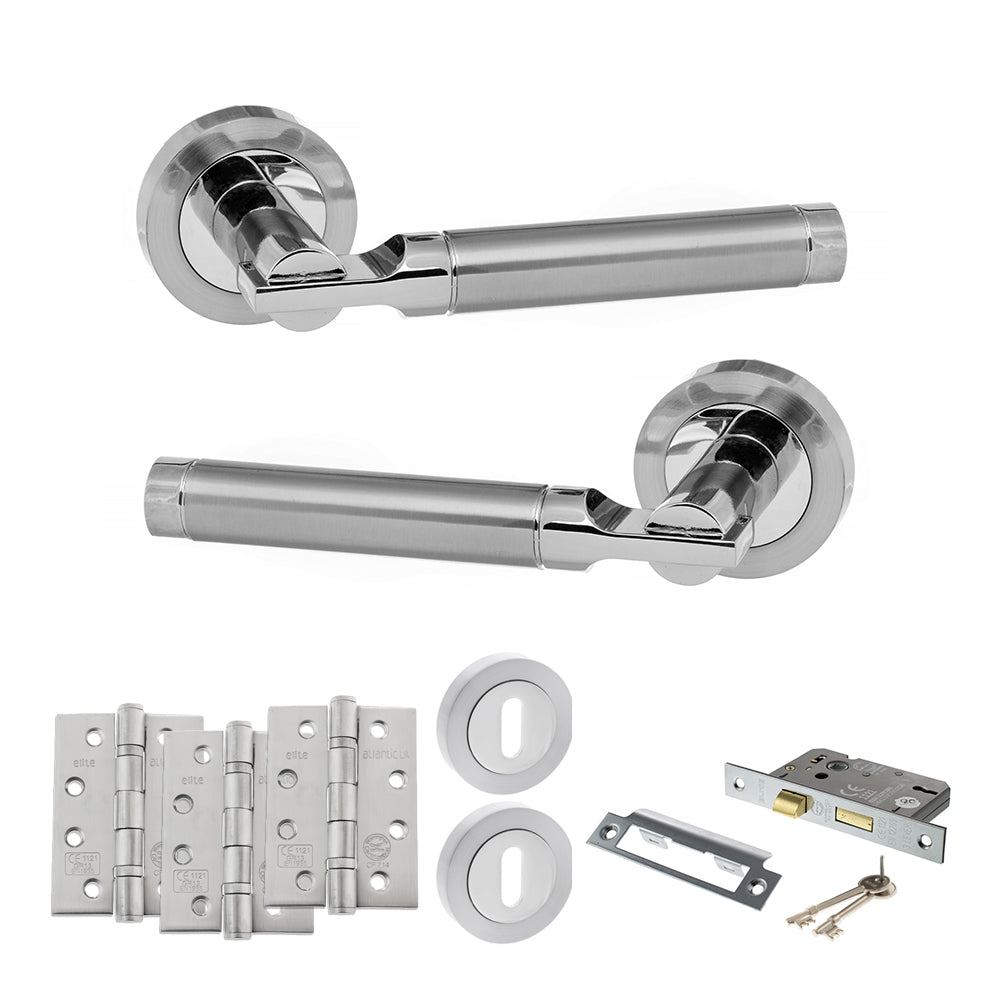 Quality image of STATUS Dakota Door Handle Pack (3 Lever Lock Set - 2.5" CE Sashlock, 4" Fire Rated Hinges x3) - Satin Chrome/Polished Chrome | Sku. adps36rscpc16 | available from Trade Door Handles.