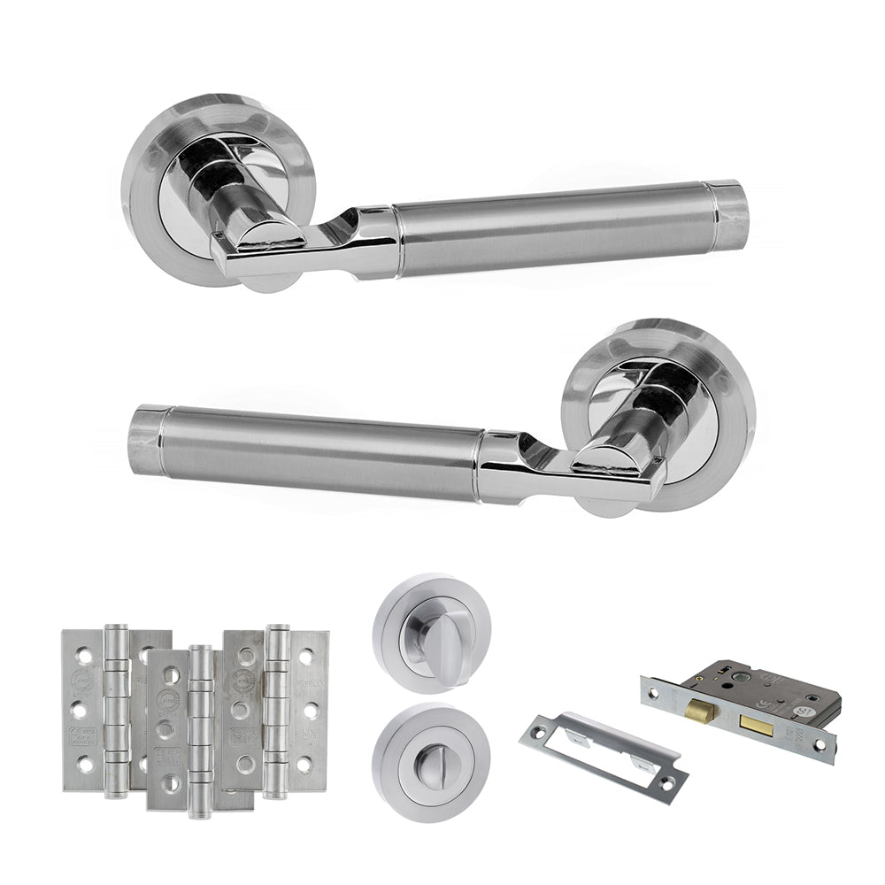 Quality image of STATUS Dakota Door Handle Pack (Bathroom Set - 2.5" CE Bathroom Lock, 3" Fire Rated Hinges x3) - Satin Chrome/Polished Chrome | Sku. adps36rscpc8 | available from Trade Door Handles.