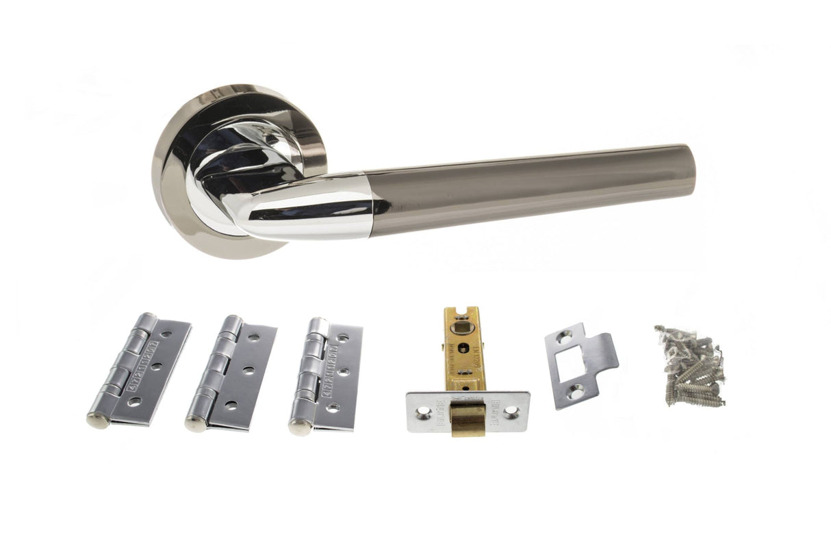 Quality image of STATUS Tennessee Door Handle Pack (Latch Set - 2.5" CE Latch, 3" Fire Rated Hinges x3) - Black Nickel/Polished Chrome | Sku. adps37rbnpc1 | available from Trade Door Handles.
