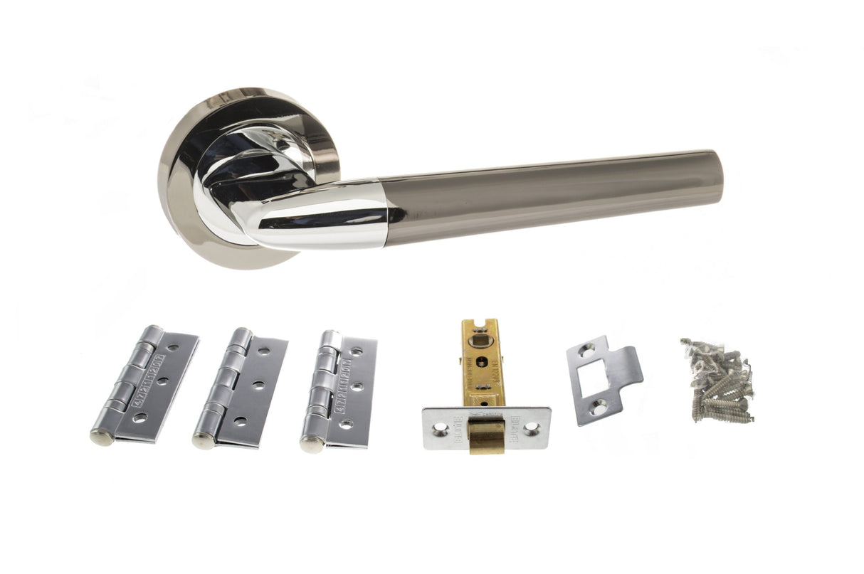 Quality image of STATUS Tennessee Door Handle Pack (Latch Set - 3" CE Latch, 3" Fire Rated Hinges x3) - Black Nickel/Polished Chrome | Sku. adps37rbnpc2 | available from Trade Door Handles.