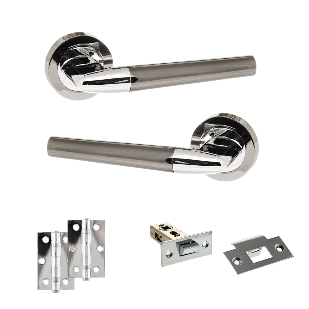 Quality image of STATUS Tennessee Door Handle Pack (Latch Set - 2.5" Latch, 3" Hinges x2) - Black Nickel/Polished Chrome | Sku. adps37rbnpc7 | available from Trade Door Handles.