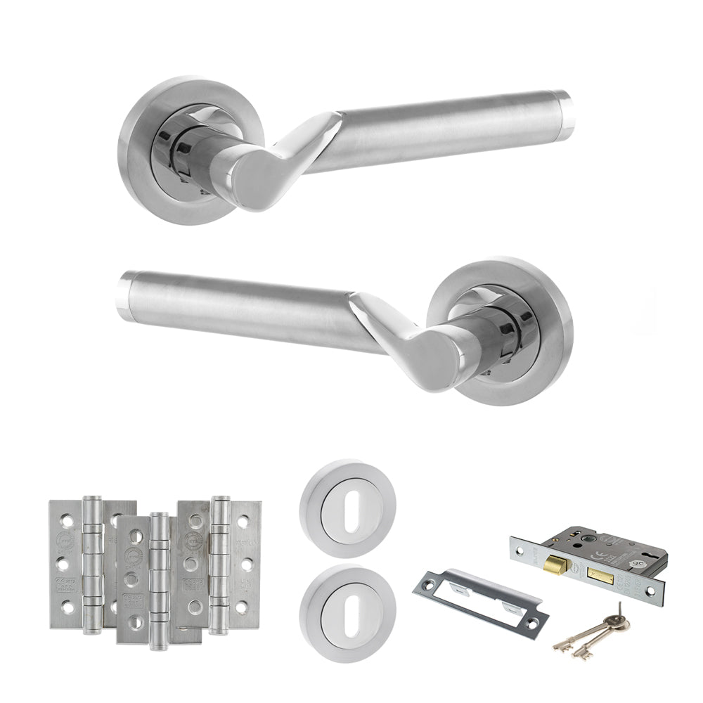 Quality image of STATUS Hawaii Door Handle Pack (3 Lever Lock Set - 3" CE Sashlock, 3" Fire Rated Hinges x3) - Satin Chrome/Polished Chrome | Sku. adps38rscpc15 | available from Trade Door Handles.