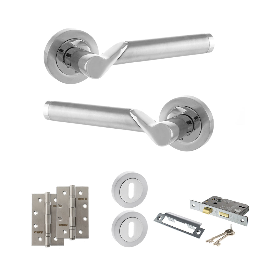 Quality image of STATUS Hawaii Door Handle Pack (3 Lever Lock Set - 2.5" CE Sashlock, 4" Slim Knuckle Hinges x2) - Satin Chrome/Polished Chrome | Sku. adps38rscpc18 | available from Trade Door Handles.