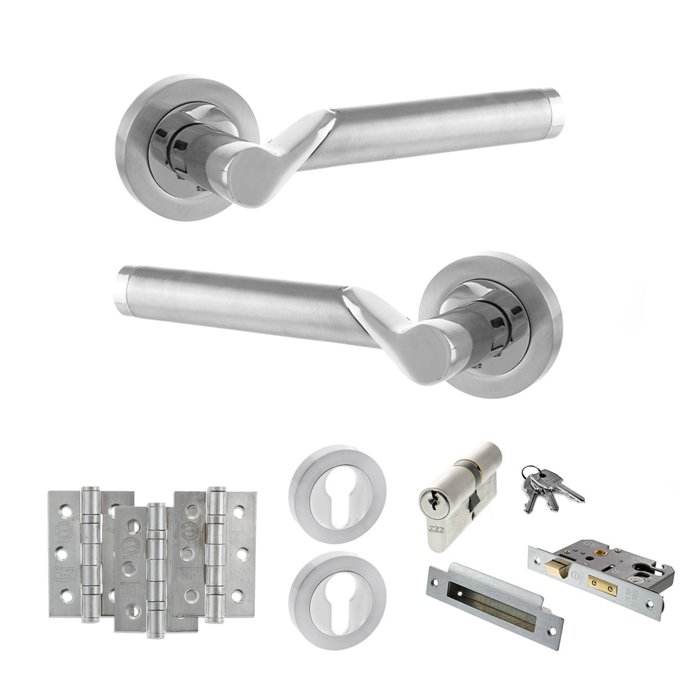Quality image of STATUS Hawaii Door Handle Pack (Euro Lock Set - 3" CE Sashlock, 3" Fire Rated Hinges x3) - Satin Chrome/Polished Chrome | Sku. adps38rscpc21 | available from Trade Door Handles.
