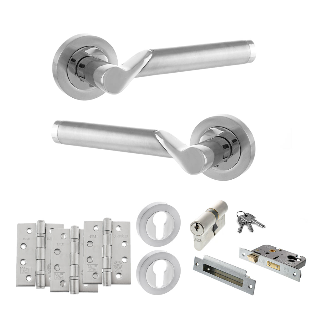 Quality image of STATUS Hawaii Door Handle Pack (Euro Lock Set - 2.5" CE Sashlock, 4" Fire Rated Hinges x3) - Satin Chrome/Polished Chrome | Sku. adps38rscpc22 | available from Trade Door Handles.