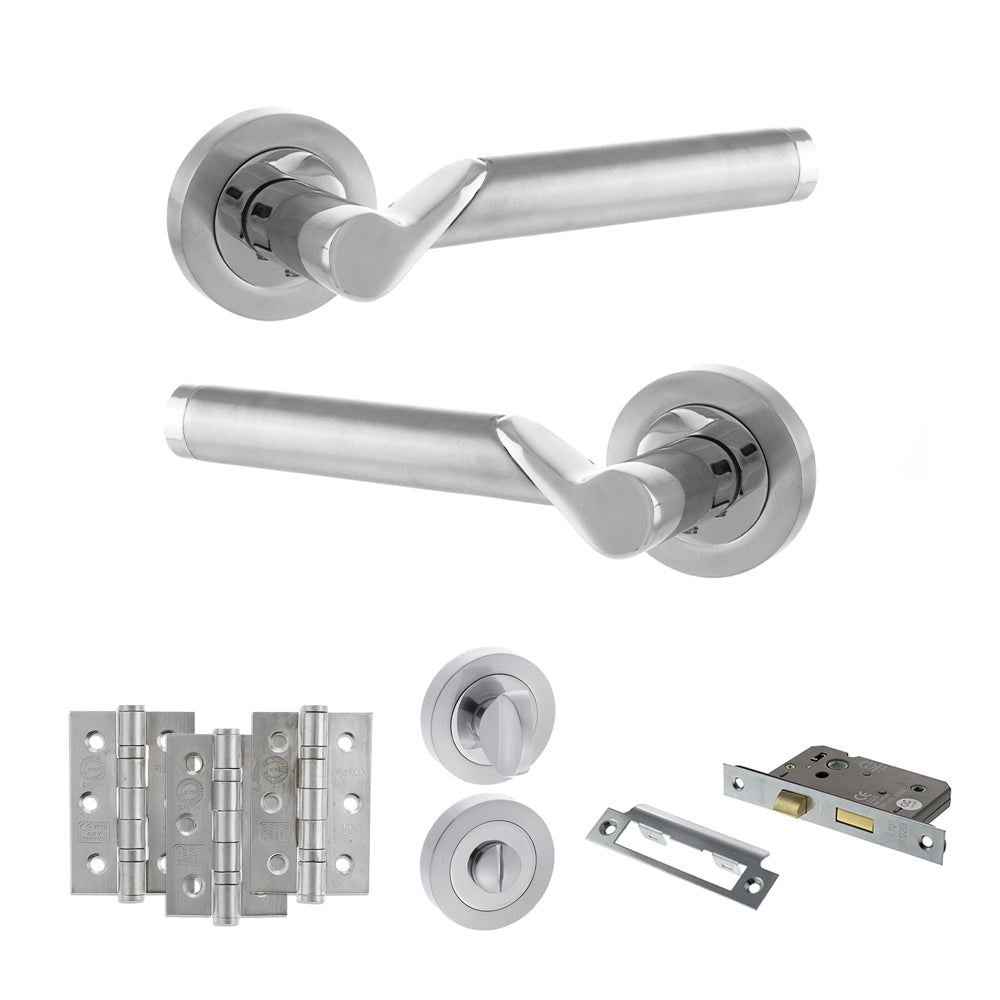 Quality image of STATUS Hawaii Door Handle Pack (Bathroom Set - 2.5" CE Bathroom Lock, 3" Fire Rated Hinges x3) - Satin Chrome/Polished Chrome | Sku. adps38rscpc8 | available from Trade Door Handles.