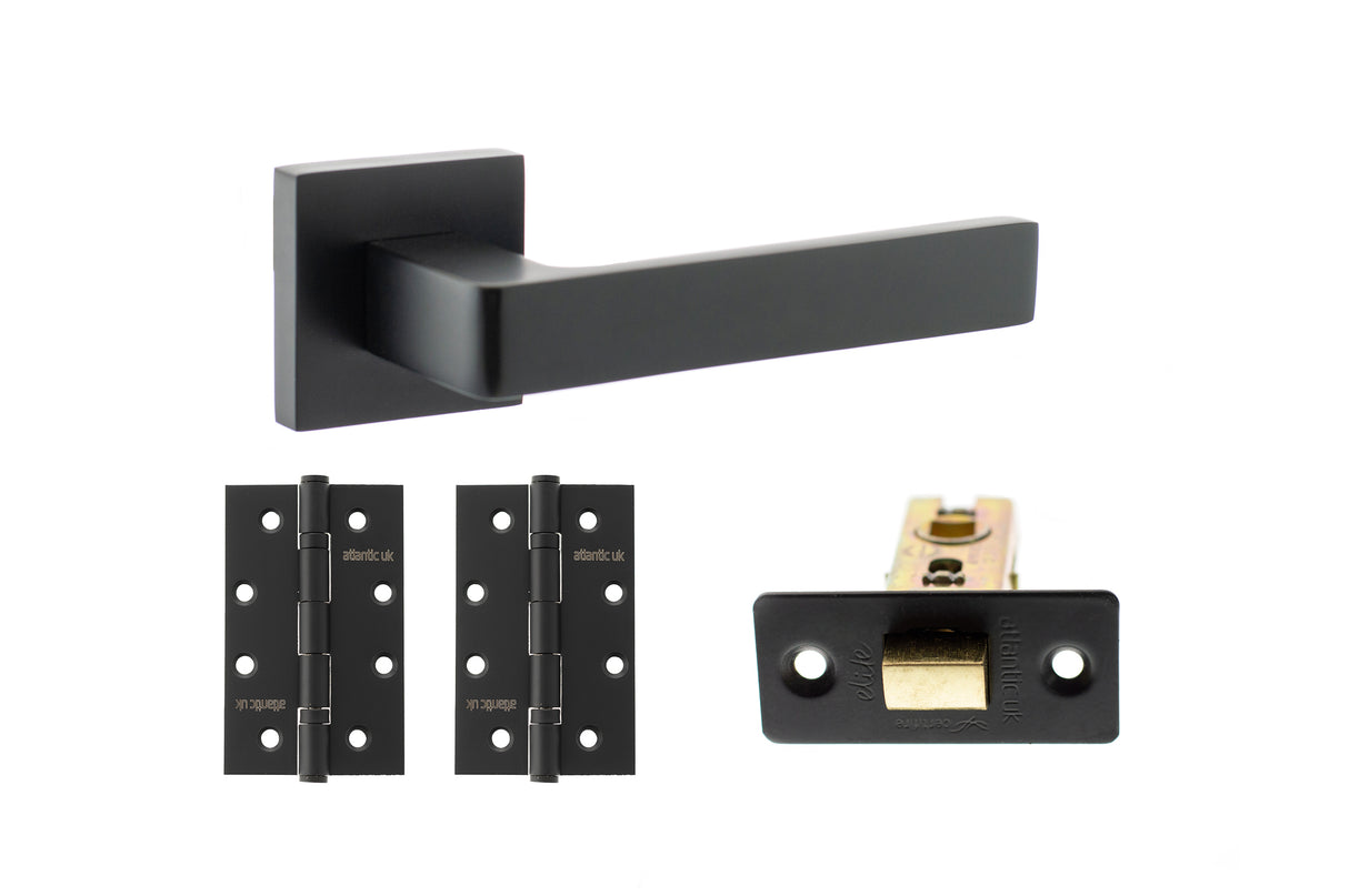 Quality image of STATUS Montana Door Handle Pack (Latch Set - 3" CE Latch, 4" Slim Knuckle Hinges x2) - Matt Black | Sku. adps40smb6 | available from Trade Door Handles.