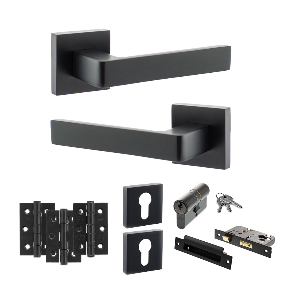 Quality image of STATUS Montana Door Handle Pack (Euro Lock Set - 3" CE Sashlock, 3" Fire Rated Hinges x3) - Matt Black | Sku. adps40smb21 | available from Trade Door Handles.