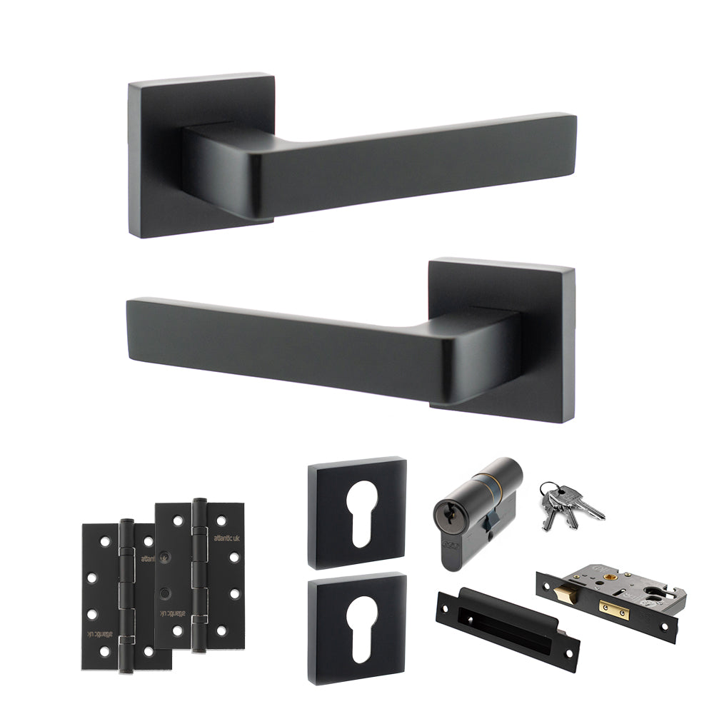Quality image of STATUS Montana Door Handle Pack (Euro Lock Set - 3" CE Sashlock, 4" Slim Knuckle Hinges x2) - Matt Black | Sku. adps40smb25 | available from Trade Door Handles.