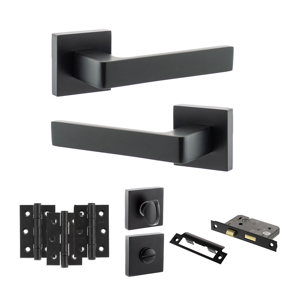 Quality image of STATUS Montana Door Handle Pack (Bathroom Set - 3" CE Bathroom Lock, 3" Fire Rated Hinges x3) - Matt Black | Sku. adps40smb9 | available from Trade Door Handles.