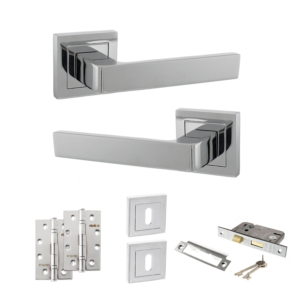 Quality image of STATUS Montana Door Handle Pack (3 Lever Lock Set - 3" CE Sashlock, 4" Slim Knuckle Hinges x2) - Polished Chrome | Sku. adps40spc19 | available from Trade Door Handles.