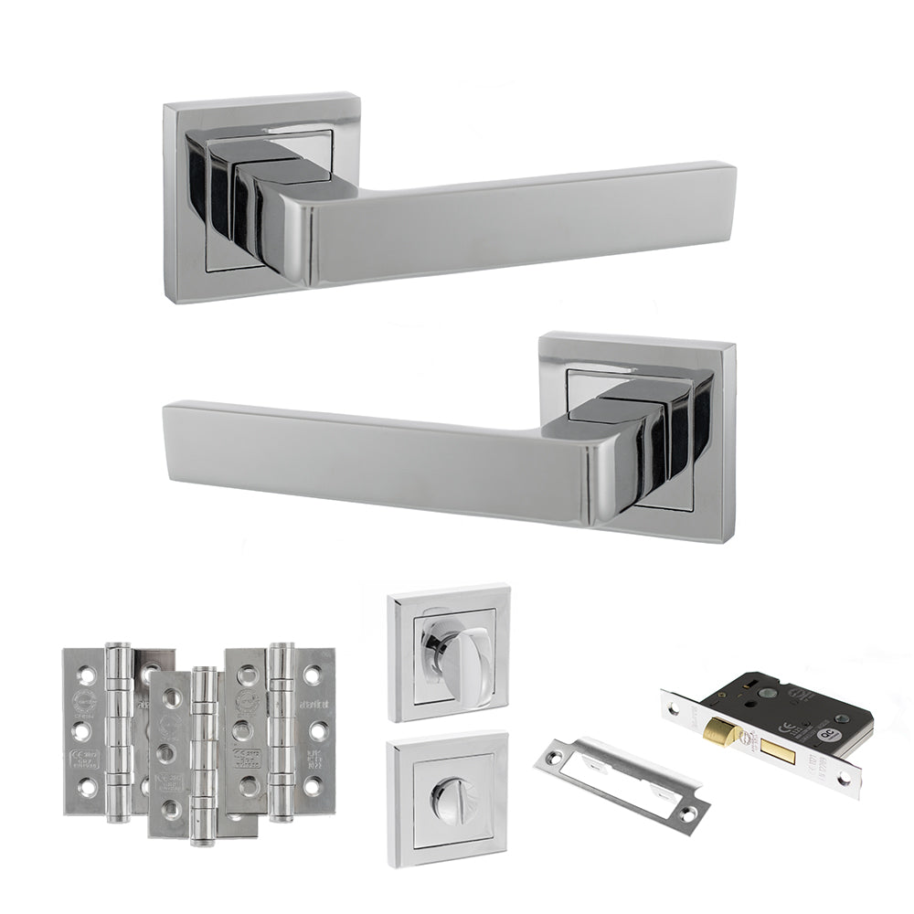 Quality image of STATUS Montana Door Handle Pack (Bathroom Set - 3" CE Bathroom Lock, 3" Fire Rated Hinges x3) - Polished Chrome | Sku. adps40spc9 | available from Trade Door Handles.
