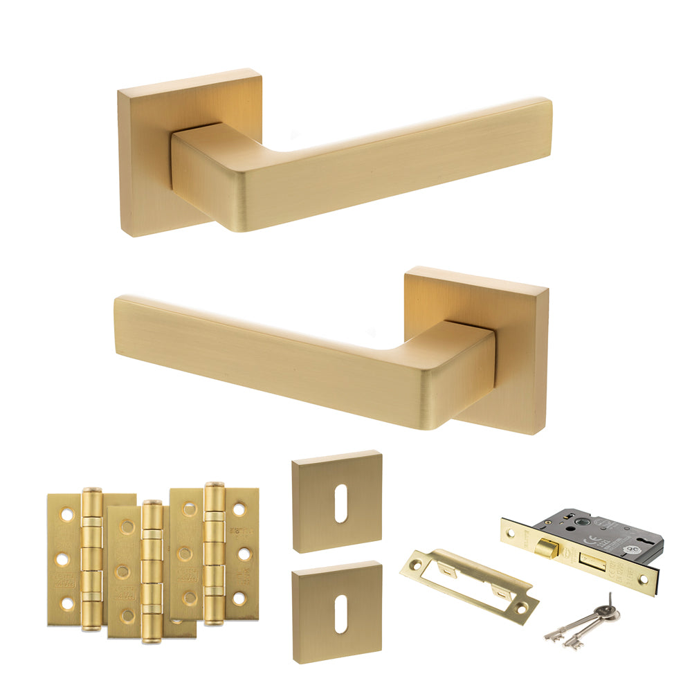 Quality image of STATUS Montana Door Handle Pack (3 Lever Lock Set - 2.5" CE Sashlock, 3" Fire Rated Hinges x3) - Satin Brass | Sku. adps40ssb14 | available from Trade Door Handles.