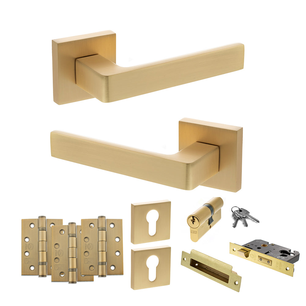 Quality image of STATUS Montana Door Handle Pack (Euro Lock Set - 2.5" CE Sashlock, 4" Fire Rated Hinges x3) - Satin Brass | Sku. adps40ssb22 | available from Trade Door Handles.