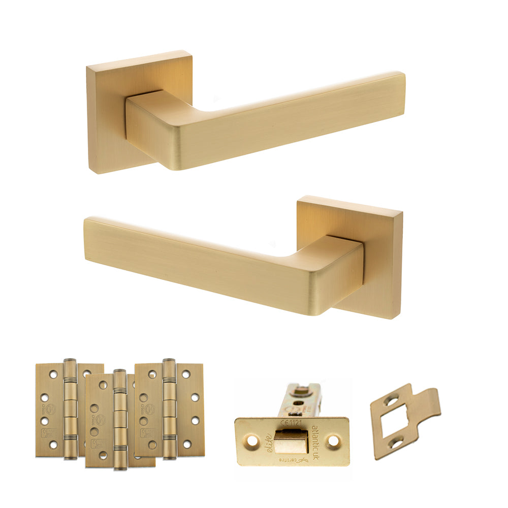 Quality image of STATUS Montana Door Handle Pack (Latch Set - 3" CE Latch, 4" Fire Rated Hinges x3) - Satin Brass | Sku. adps40ssb4 | available from Trade Door Handles.