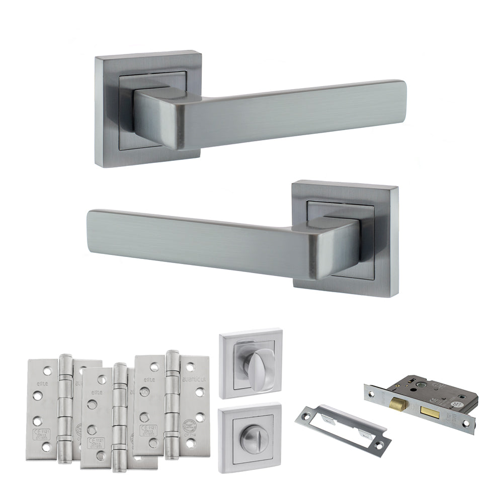Quality image of STATUS Montana Door Handle Pack (Bathroom Set - 3" CE Bathroom Lock, 4" Fire Rated Hinges x3) - Satin Chrome | Sku. adps40ssc11 | available from Trade Door Handles.