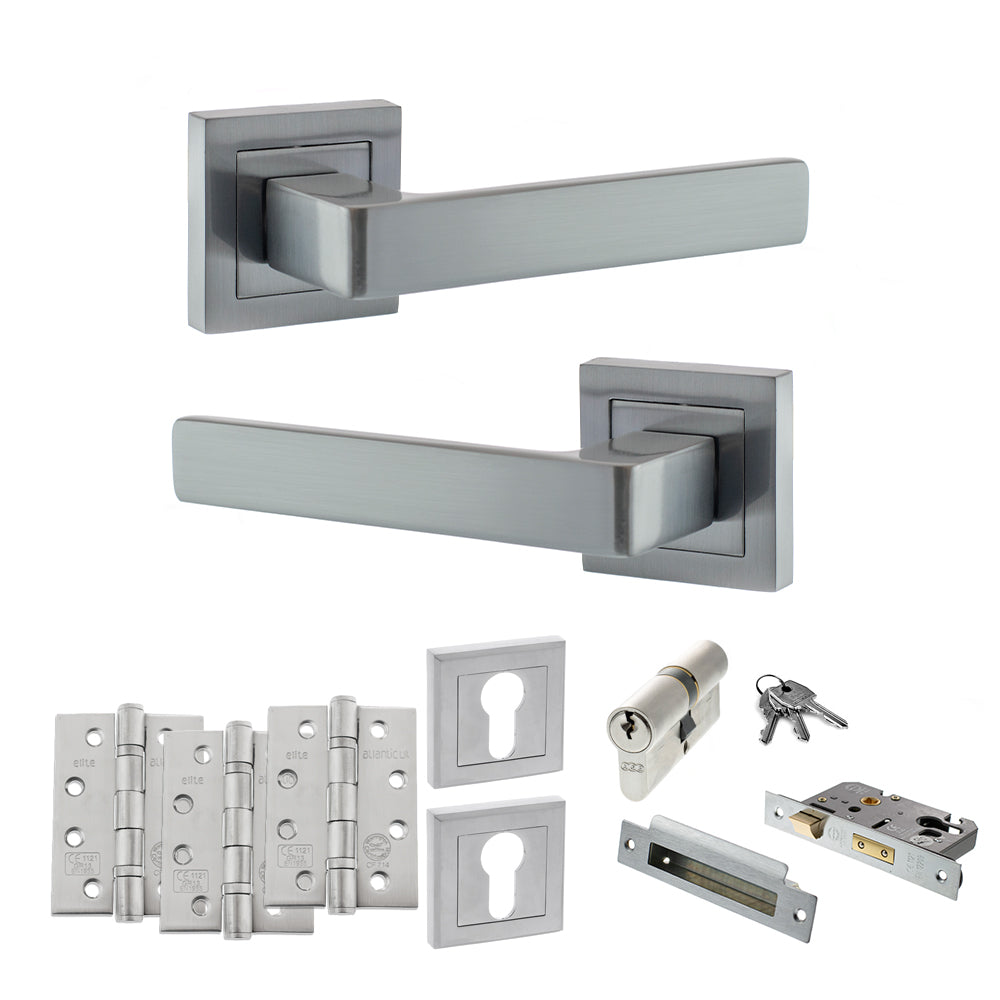 Quality image of STATUS Montana Door Handle Pack (Euro Lock Set - 2.5" CE Sashlock, 4" Fire Rated Hinges x3) - Satin Chrome | Sku. adps40ssc22 | available from Trade Door Handles.