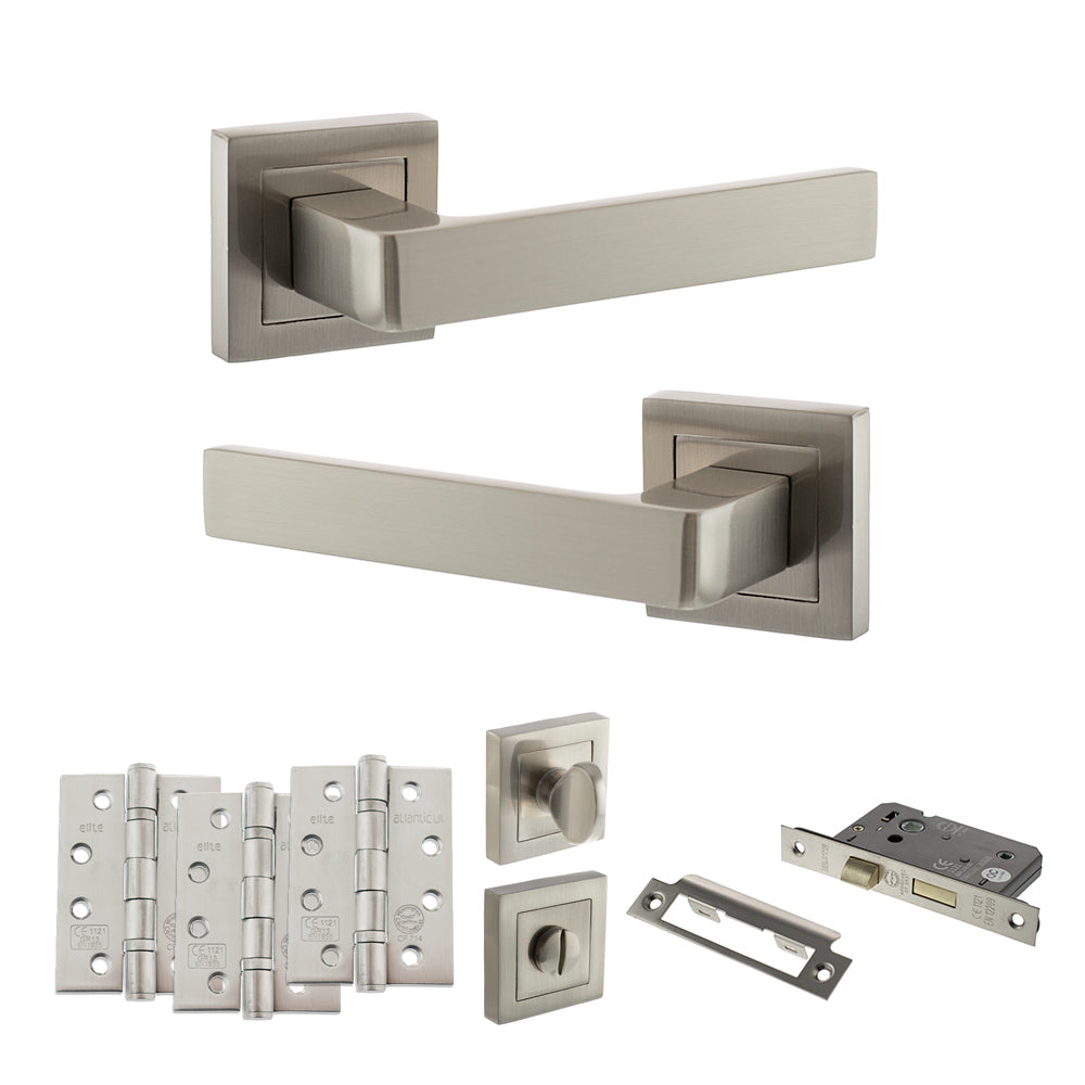Quality image of STATUS Montana Door Handle Pack (Bathroom Set - 3" CE Bathroom Lock, 4" Fire Rated Hinges x3) - Satin Nickel | Sku. adps40ssn11 | available from Trade Door Handles.