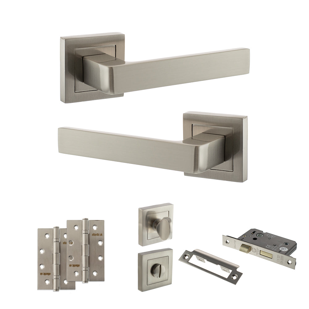 Quality image of STATUS Montana Door Handle Pack (Bathroom Set - 2.5" CE Bathroom Lock, 4" Slim Knuckle Hinges x2) - Satin Nickel | Sku. adps40ssn12 | available from Trade Door Handles.