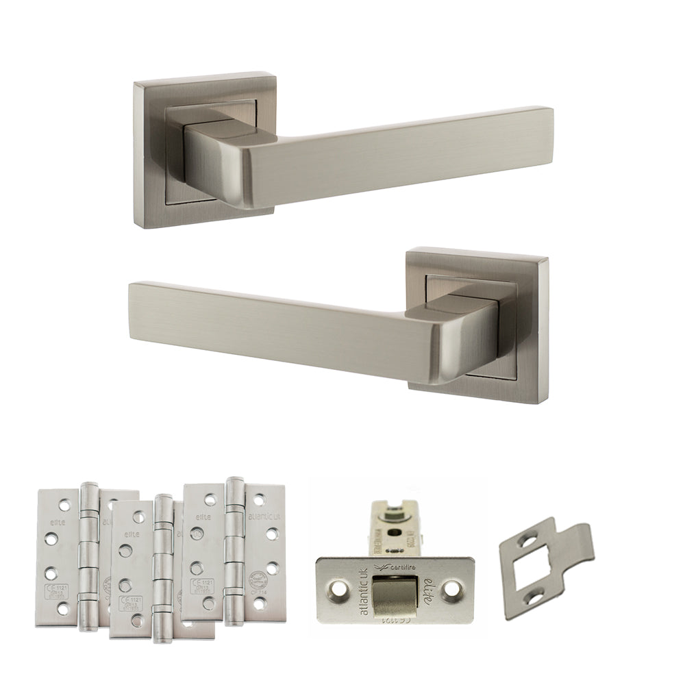 Quality image of STATUS Montana Door Handle Pack (Latch Set - 3" CE Latch, 4" Fire Rated Hinges x3) - Satin Nickel | Sku. adps40ssn4 | available from Trade Door Handles.