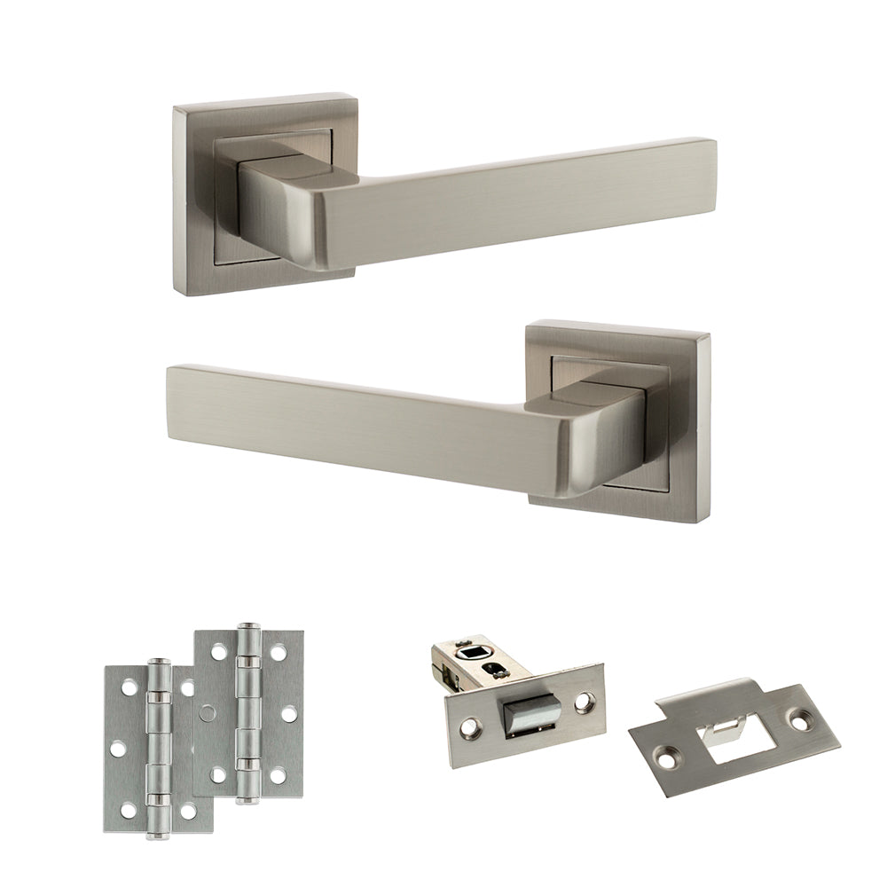 Quality image of STATUS Montana Door Handle Pack (Latch Set - 2.5" Latch, 3" Hinges x2) - Satin Nickel | Sku. adps40ssn7 | available from Trade Door Handles.
