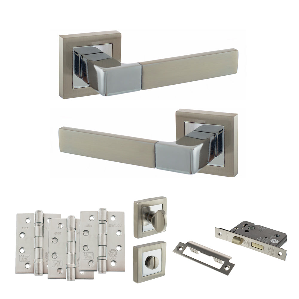 Quality image of STATUS Montana Door Handle Pack (Bathroom Set - 3" CE Bathroom Lock, 4" Fire Rated Hinges x3) - Satin Nickel/Polished Chrome | Sku. adps40ssnpc11 | available from Trade Door Handles.