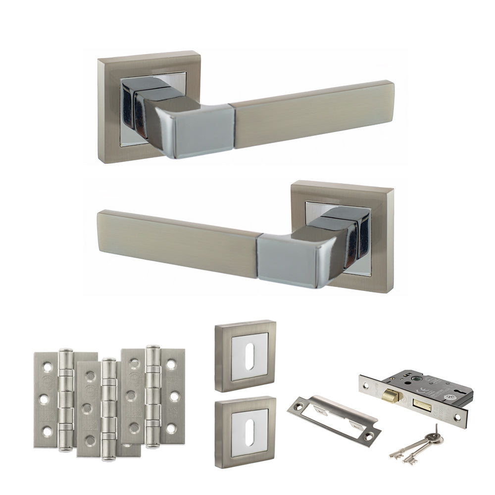 Quality image of STATUS Montana Door Handle Pack (3 Lever Lock Set - 3" CE Sashlock, 3" Fire Rated Hinges x3) - Satin Nickel/Polished Chrome | Sku. adps40ssnpc15 | available from Trade Door Handles.
