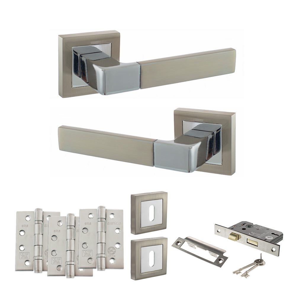 Quality image of STATUS Montana Door Handle Pack (3 Lever Lock Set - 2.5" CE Sashlock, 4" Fire Rated Hinges x3) - Satin Nickel/Polished Chrome | Sku. adps40ssnpc16 | available from Trade Door Handles.
