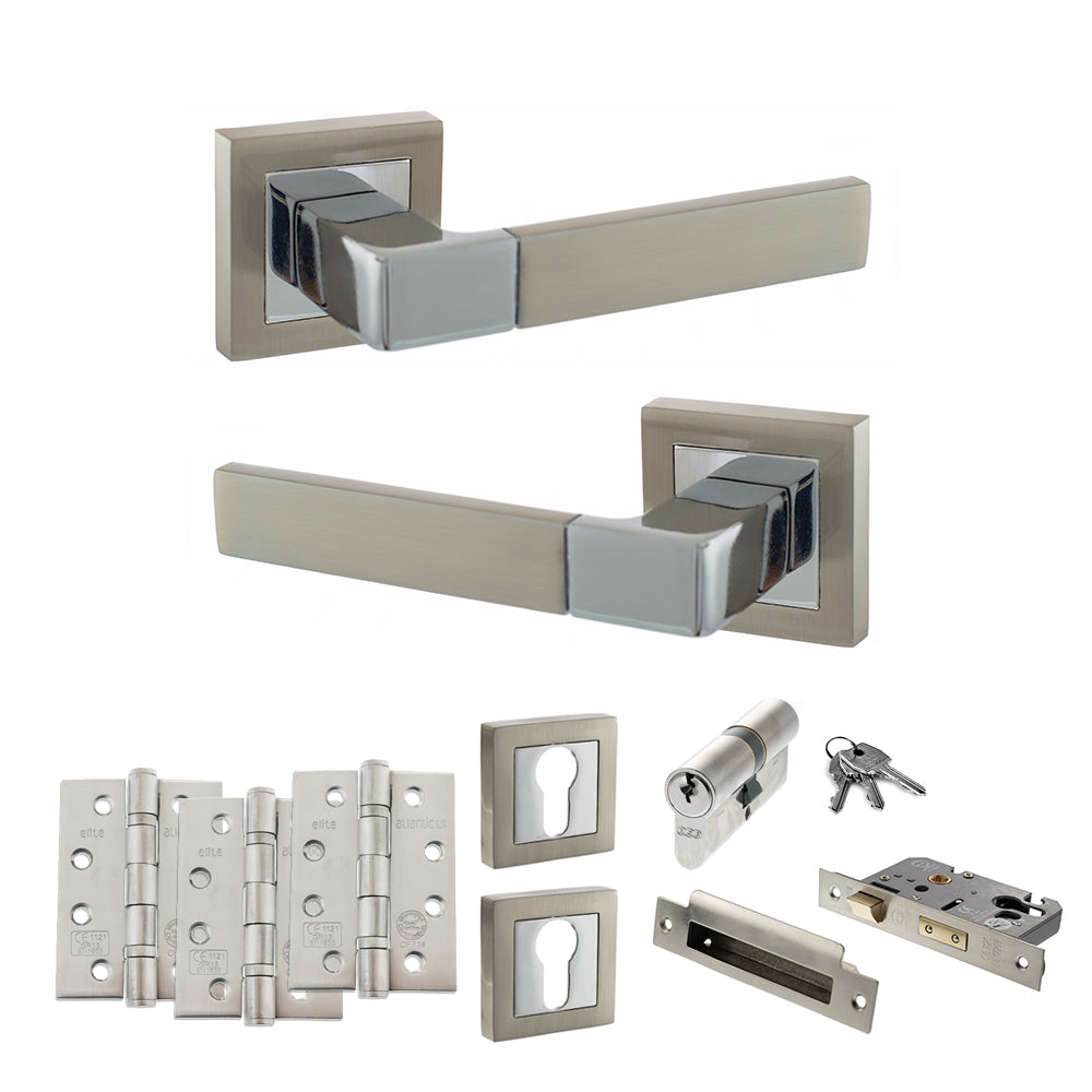 Quality image of STATUS Montana Door Handle Pack (Euro Lock Set - 3" CE Sashlock, 4" Fire Rated Hinges x3) - Satin Nickel/Polished Chrome | Sku. adps40ssnpc23 | available from Trade Door Handles.