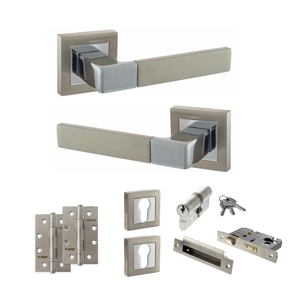 Quality image of STATUS Montana Door Handle Pack (Euro Lock Set - 3" CE Sashlock, 4" Slim Knuckle Hinges x2) - Satin Nickel/Polished Chrome | Sku. adps40ssnpc25 | available from Trade Door Handles.