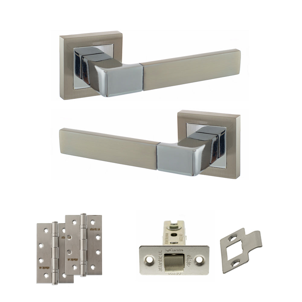 Quality image of STATUS Montana Door Handle Pack (Latch Set - 2.5" CE Latch, 4" Slim Knuckle Hinges x2) - Satin Nickel/Polished Chrome | Sku. adps40ssnpc5 | available from Trade Door Handles.