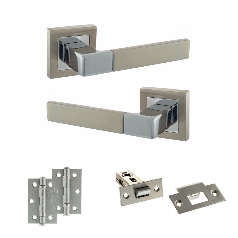 Quality image of STATUS Montana Door Handle Pack (Latch Set - 2.5" Latch, 3" Hinges x2) - Satin Nickel/Polished Chrome | Sku. adps40ssnpc7 | available from Trade Door Handles.