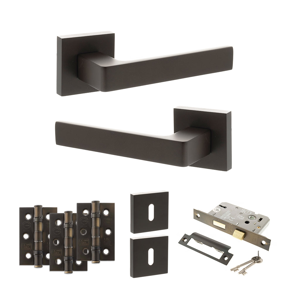 Quality image of STATUS Montana Door Handle Pack (3 Lever Lock Set - 3" CE Sashlock, 3" Fire Rated Hinges x3) - Urban Dark Bronze | Sku. adps40sudb15 | available from Trade Door Handles.