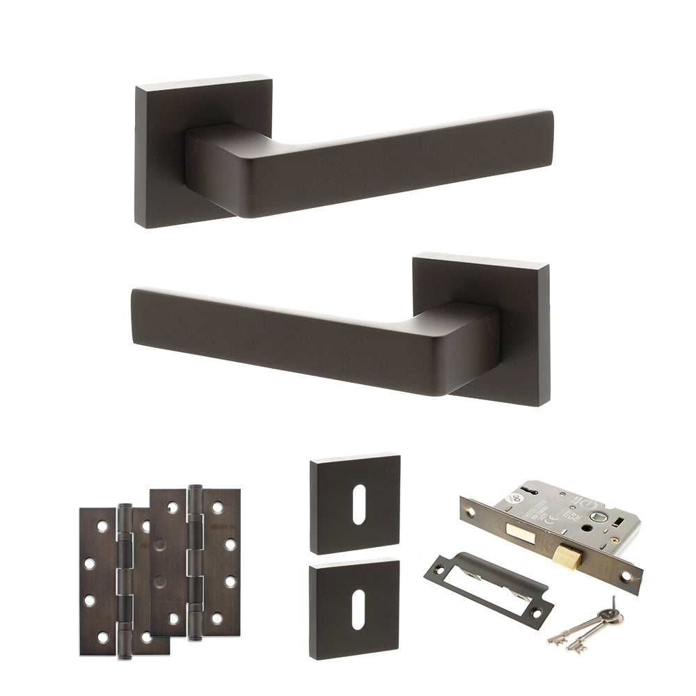 Quality image of STATUS Montana Door Handle Pack (3 Lever Lock Set - 2.5" CE Sashlock, 4" Slim Knuckle Hinges x2) - Urban Dark Bronze | Sku. adps40sudb18 | available from Trade Door Handles.