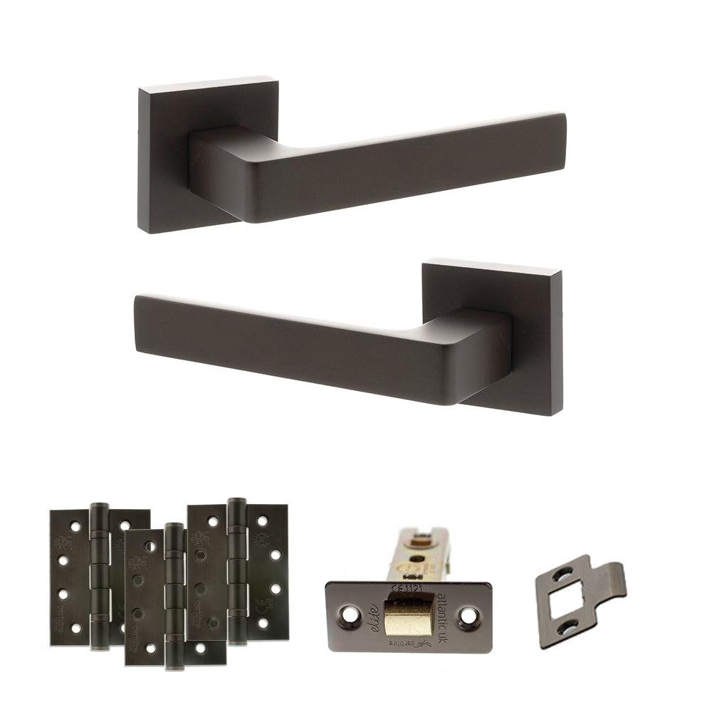 Quality image of STATUS Montana Door Handle Pack (Latch Set - 2.5" CE Latch, 4" Fire Rated Hinges x3) - Urban Dark Bronze | Sku. adps40sudb3 | available from Trade Door Handles.