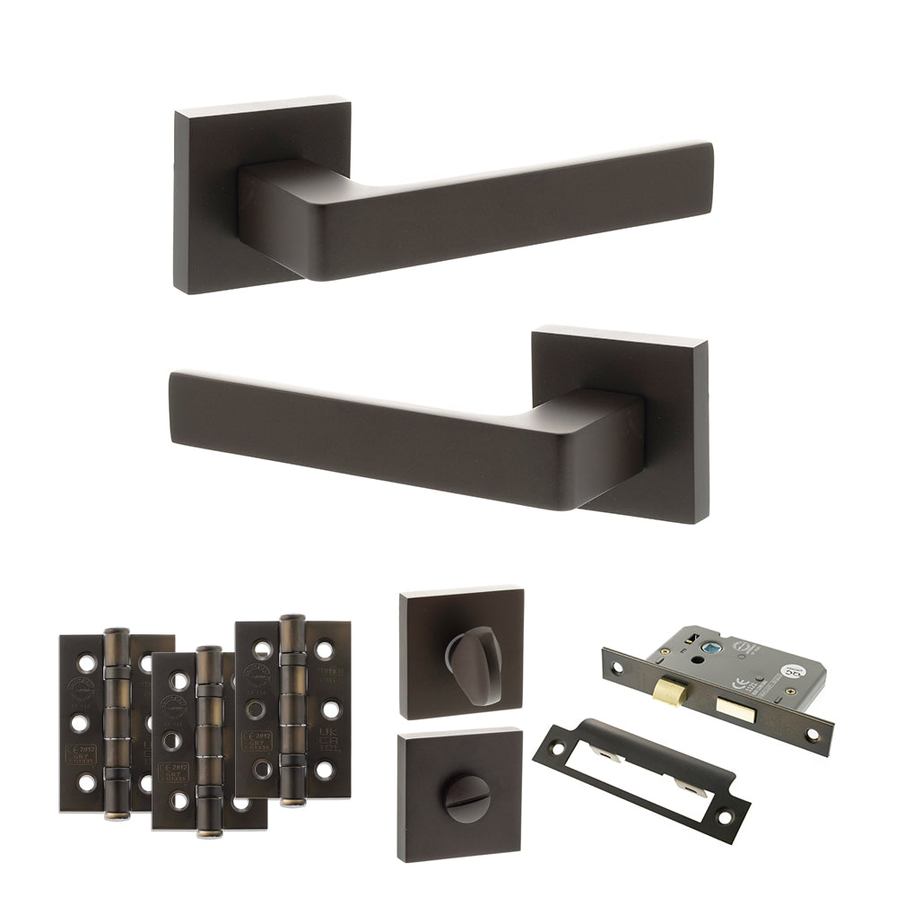 Quality image of STATUS Montana Door Handle Pack (Bathroom Set - 3" CE Bathroom Lock, 3" Fire Rated Hinges x3) - Urban Dark Bronze | Sku. adps40sudb9 | available from Trade Door Handles.