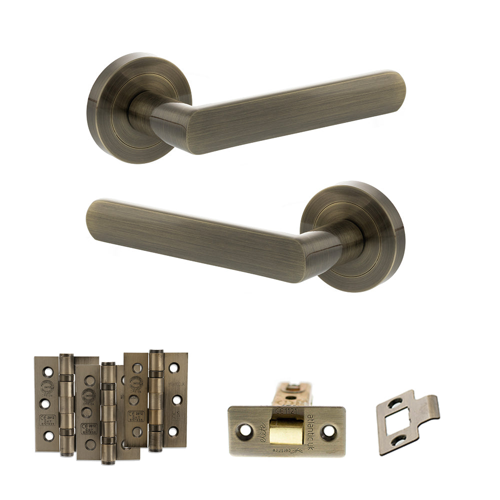 Quality image of STATUS Carolina Door Handle Pack (Latch Set - 2.5" CE Latch, 3" Fire Rated Hinges x3) - Antique Brass | Sku. adps42rab1 | available from Trade Door Handles.