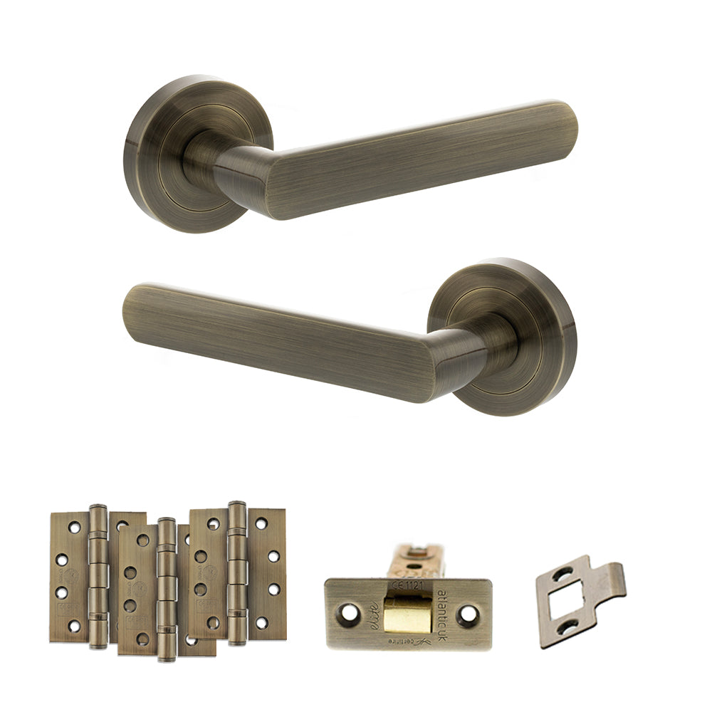 Quality image of STATUS Carolina Door Handle Pack (Latch Set - 3" CE Latch, 4" Fire Rated Hinges x3) - Antique Brass | Sku. adps42rab4 | available from Trade Door Handles.