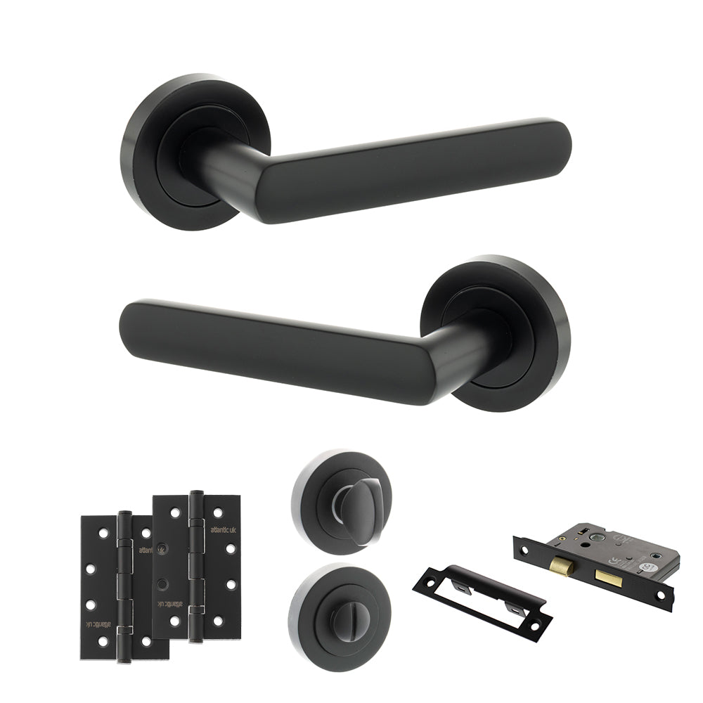 Quality image of STATUS Carolina Door Handle Pack (Bathroom Set - 3" CE Bathroom Lock, 4" Slim Knuckle Hinges x2) - Matt Black | Sku. adps42rmb13 | available from Trade Door Handles.