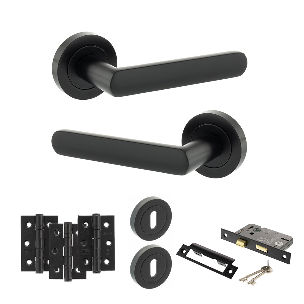 Quality image of STATUS Carolina Door Handle Pack (3 Lever Lock Set - 3" CE Sashlock, 3" Fire Rated Hinges x3) - Matt Black | Sku. adps42rmb15 | available from Trade Door Handles.