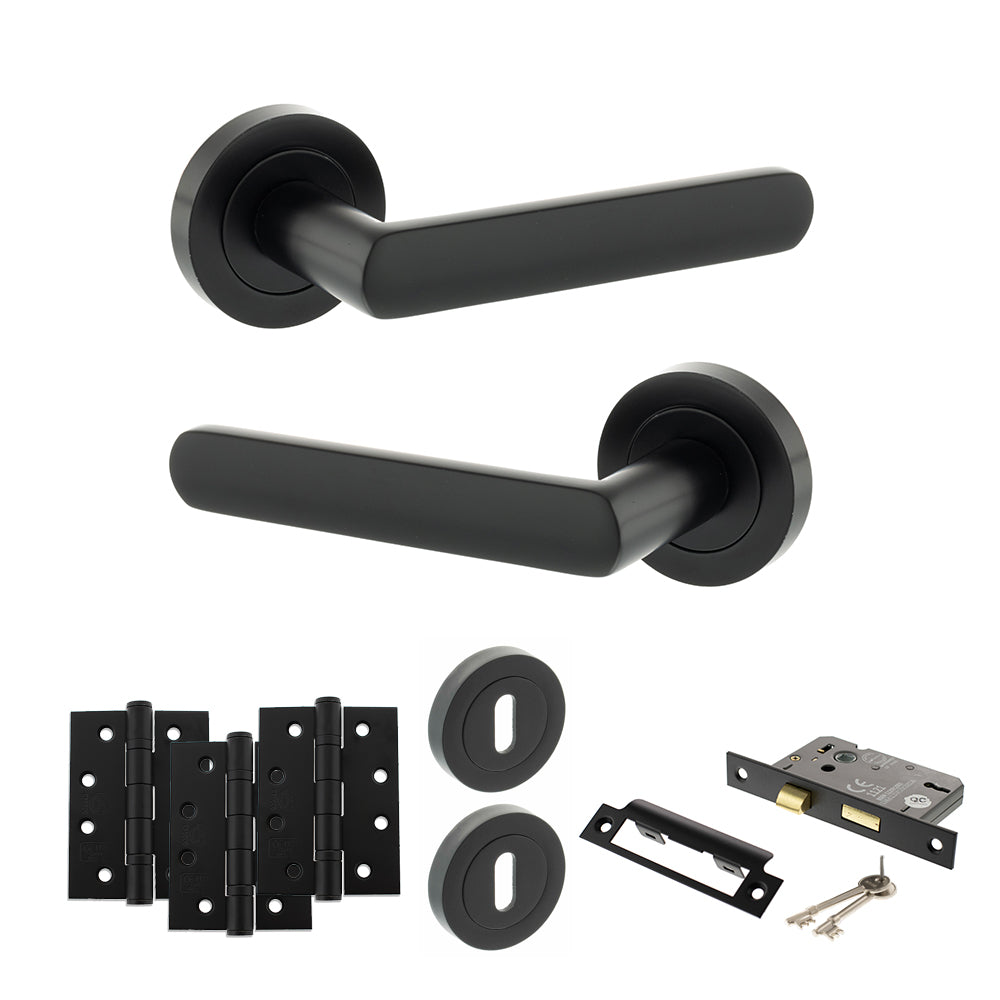 Quality image of STATUS Carolina Door Handle Pack (3 Lever Lock Set - 3" CE Sashlock, 4" Fire Rated Hinges x3) - Matt Black | Sku. adps42rmb17 | available from Trade Door Handles.