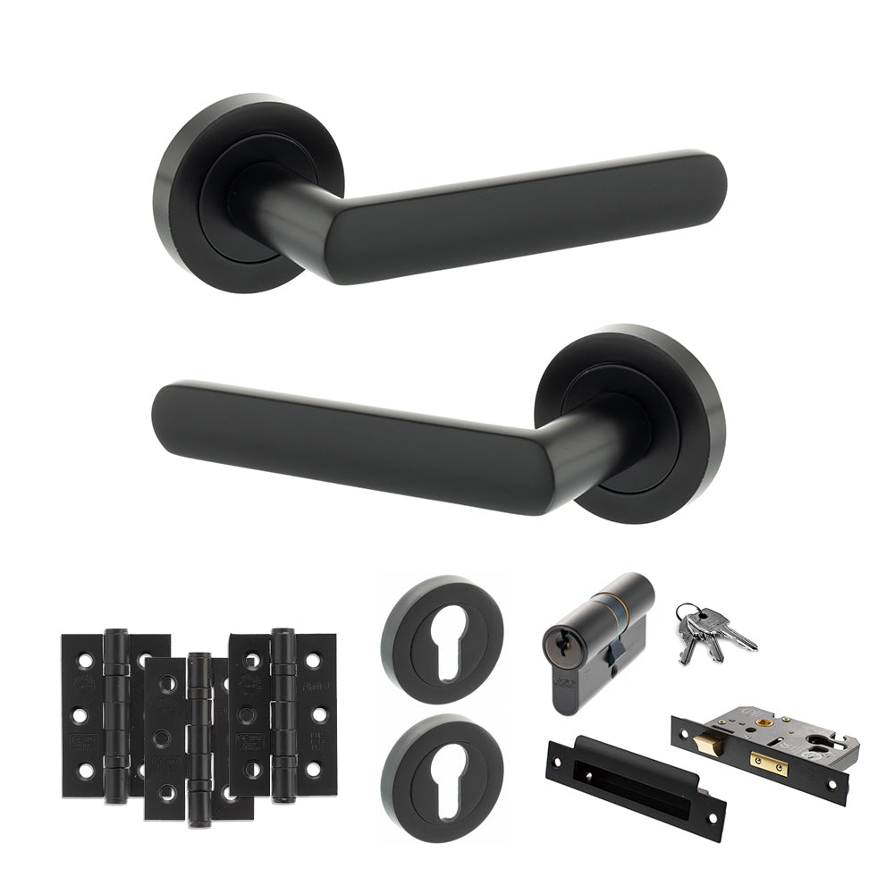 Quality image of STATUS Carolina Door Handle Pack (Euro Lock Set - 2.5" CE Sashlock, 3" Fire Rated Hinges x3) - Matt Black | Sku. adps42rmb20 | available from Trade Door Handles.