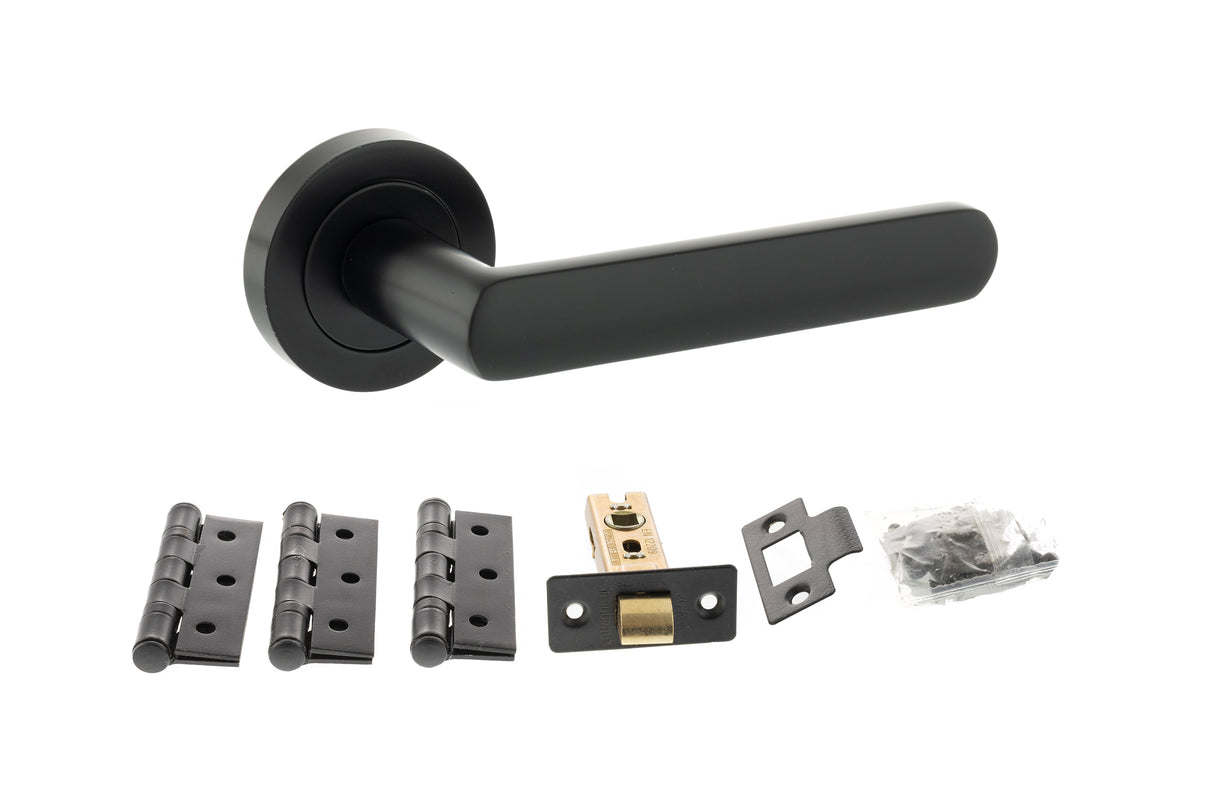 Quality image of STATUS Carolina Door Handle Pack (Latch Set - 2.5" CE Latch, 3" Fire Rated Hinges x3) - Matt Black | Sku. adps42rmb1 | available from Trade Door Handles.