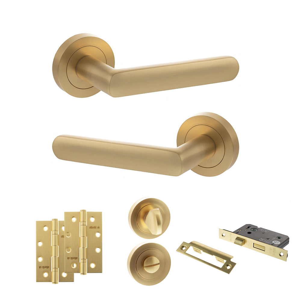 Quality image of STATUS Carolina Door Handle Pack (Bathroom Set - 2.5" CE Bathroom Lock, 4" Slim Knuckle Hinges x2) - Satin Brass | Sku. adps42rsb12 | available from Trade Door Handles.