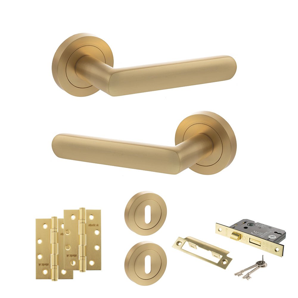 Quality image of STATUS Carolina Door Handle Pack (3 Lever Lock Set - 3" CE Sashlock, 4" Slim Knuckle Hinges x2) - Satin Brass | Sku. adps42rsb19 | available from Trade Door Handles.