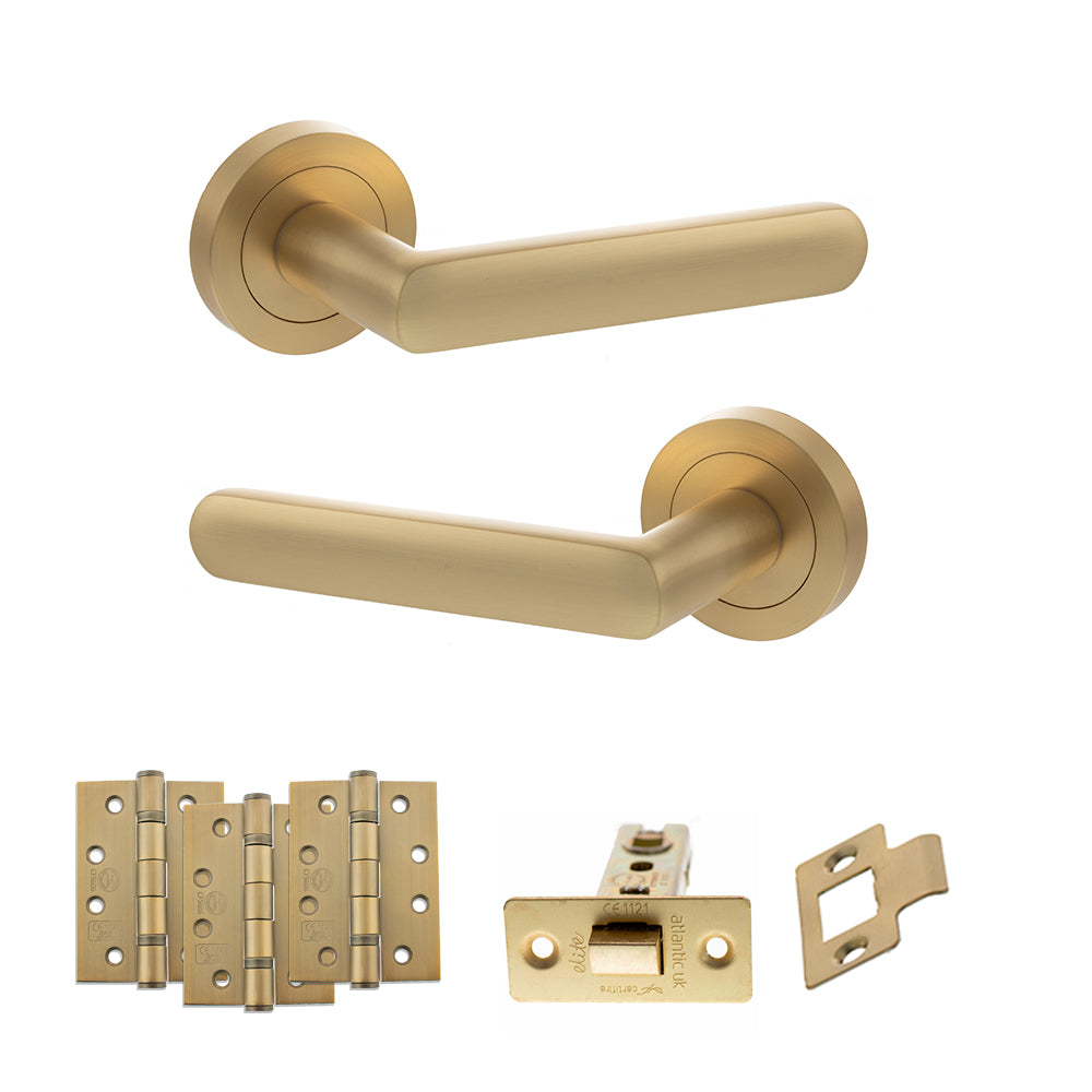 Quality image of STATUS Carolina Door Handle Pack (Latch Set - 2.5" CE Latch, 4" Fire Rated Hinges x3) - Satin Brass | Sku. adps42rsb3 | available from Trade Door Handles.